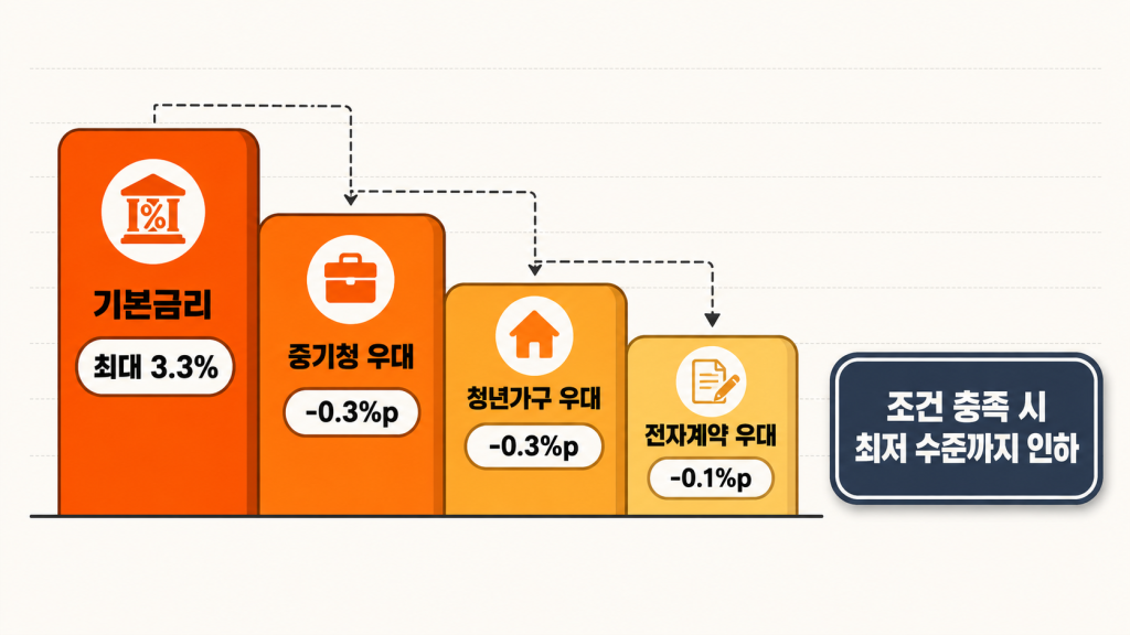 청년버팀목대출 기본금리에서 우대금리가 단계별로 낮아져 최종 결과에 이르는 계단형 인포그래픽