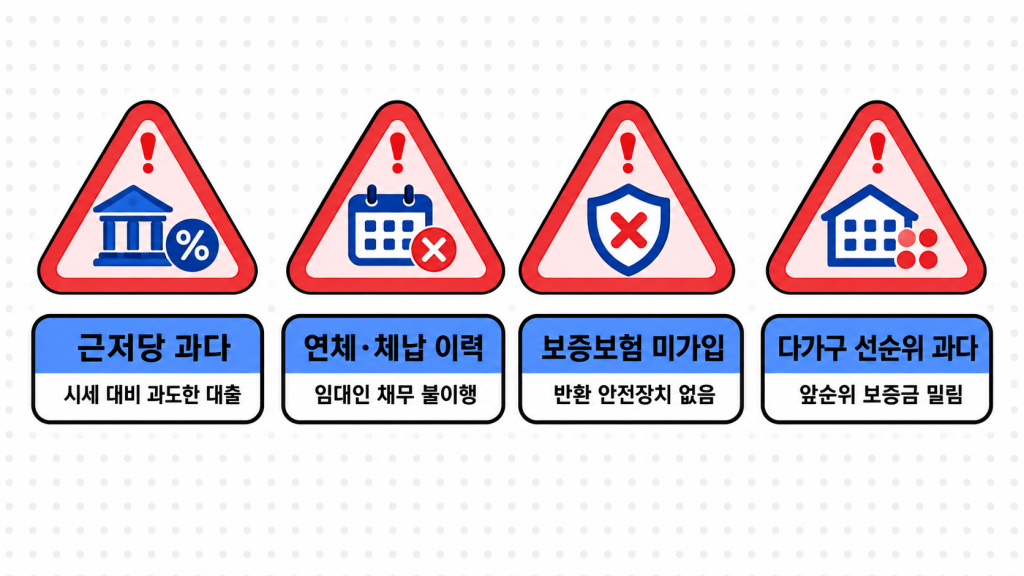 전세사기위험분석 보고서가 짚어주는 4가지 대표 위험 신호를 경고판 형태로 보여주는 인포그래픽