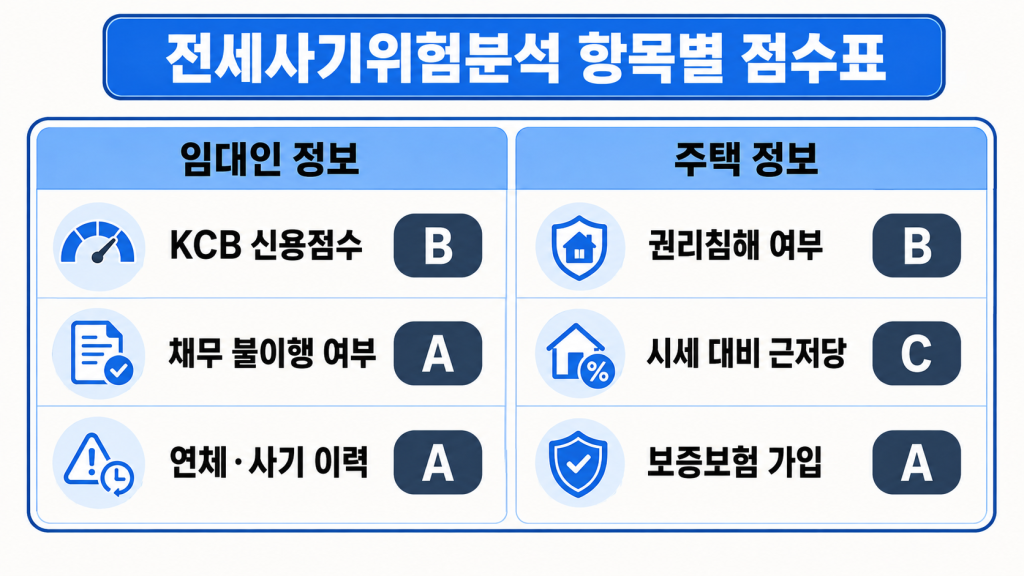 전세사기위험분석 보고서의 임대인 정보와 주택 정보 항목별 평가를 성적표 형태로 보여주는 인포그래픽