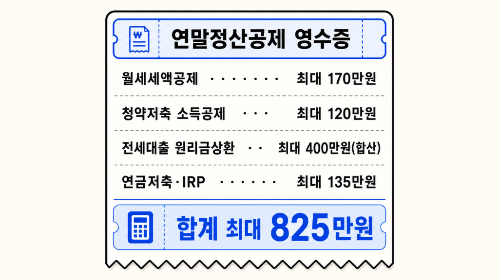 연말정산공제 4가지 항목의 최대 공제·환급 금액을 영수증 형태로 정리한 인포그래픽