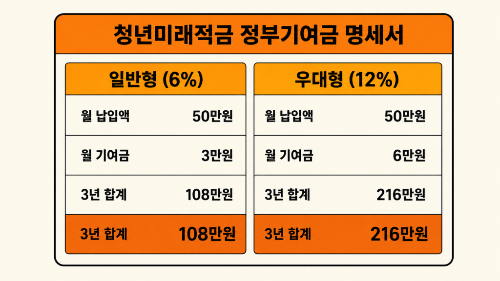 청년미래적금 일반형과 우대형의 정부기여금 차이를 급여명세서 형태로 비교한 인포그래픽