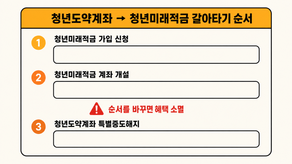 청년미래적금 갈아타기 3단계 순서를 청년도약계좌 가입자를 위한 신청서 양식으로 보여주는 인포그래픽