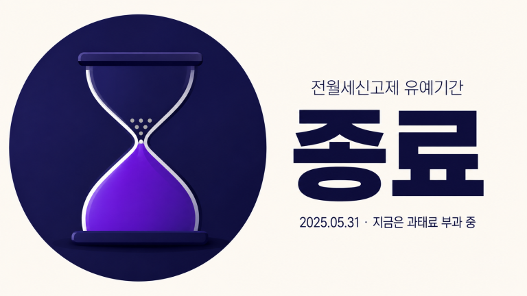 전월세신고제 유예기간이 끝나고 과태료 부과가 시작된 시점을 모래시계와 큰 종료 문구로 강조한 대표 이미지