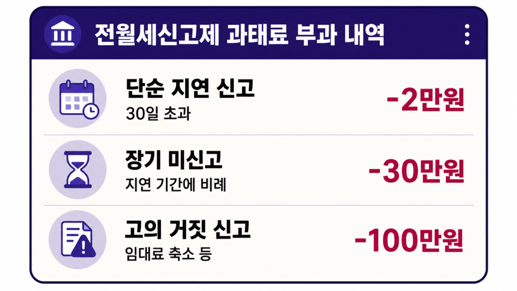 전월세신고제 위반 시 과태료가 단순 지연부터 고의 거짓 신고까지 단계별로 얼마나 부과되는지 통장 내역 형태로 보여주는 인포그래픽