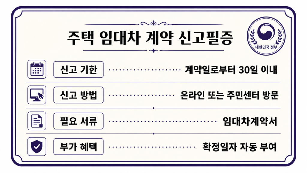 전월세신고제 신고 기한, 방법, 필요 서류를 공식 문서 형태로 정리한 인포그래픽