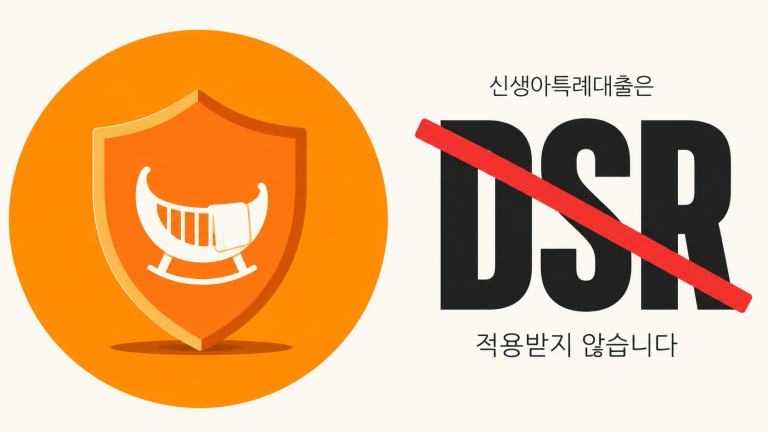 신생아특례대출 신청 시 DSR 규제를 적용받지 않는다는 점을 방패와 금지 표시로 강조한 대표 이미지