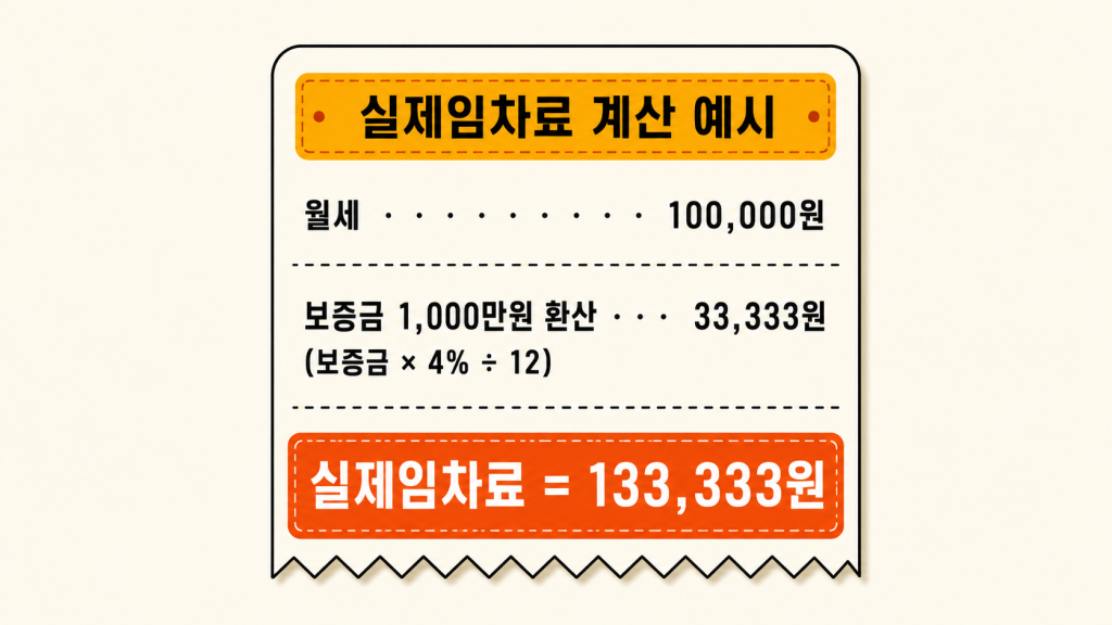 주거급여 실제임차료가 월세와 보증금 환산액을 합쳐 계산되는 방식을 양팔저울로 보여주는 인포그래픽
