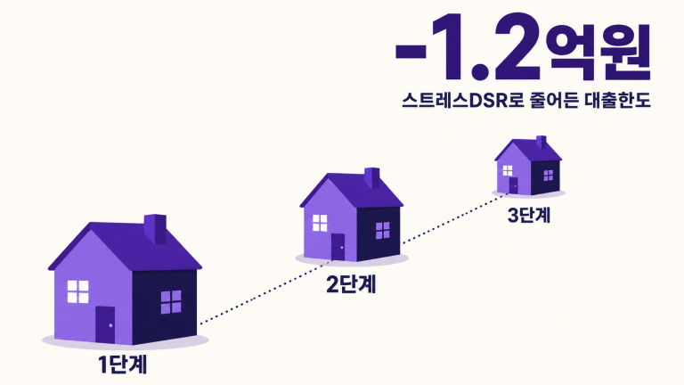 스트레스DSR 1단계부터 3단계까지 대출 한도가 점점 줄어드는 모습을 작아지는 집 세 채로 표현한 대표 이미지