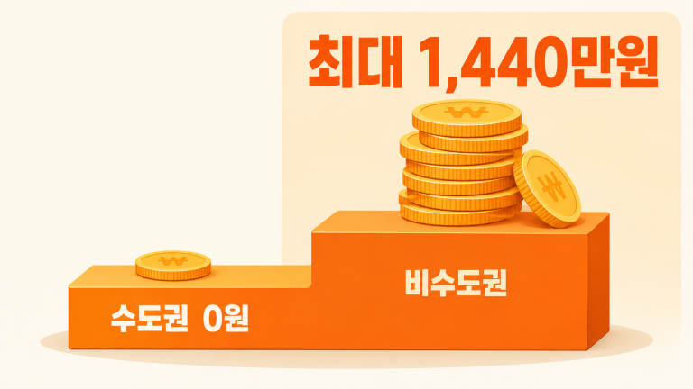 청년일자리도약장려금 개인 지원금이 수도권은 0원, 비수도권은 최대 1,440만원으로 차이 나는 것을 시상대 형태로 보여주는 대표 이미지