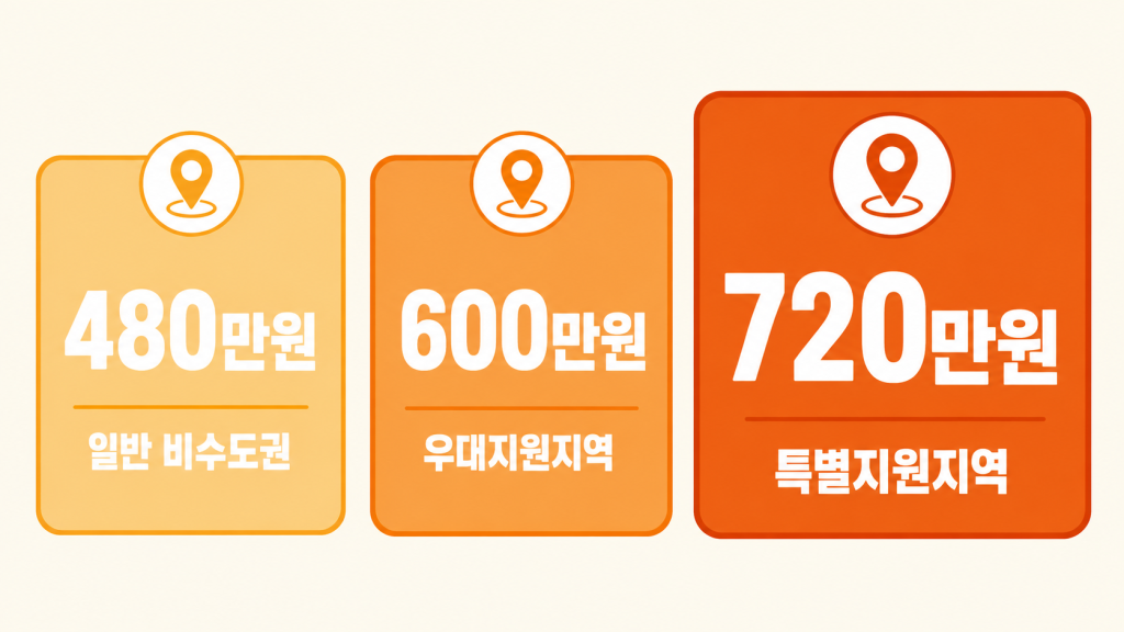 청년일자리도약장려금 개인 지원금이 일반 비수도권부터 특별지원지역까지 지역 등급별로 차등 지급되는 것을 카드 형태로 보여주는 인포그래픽