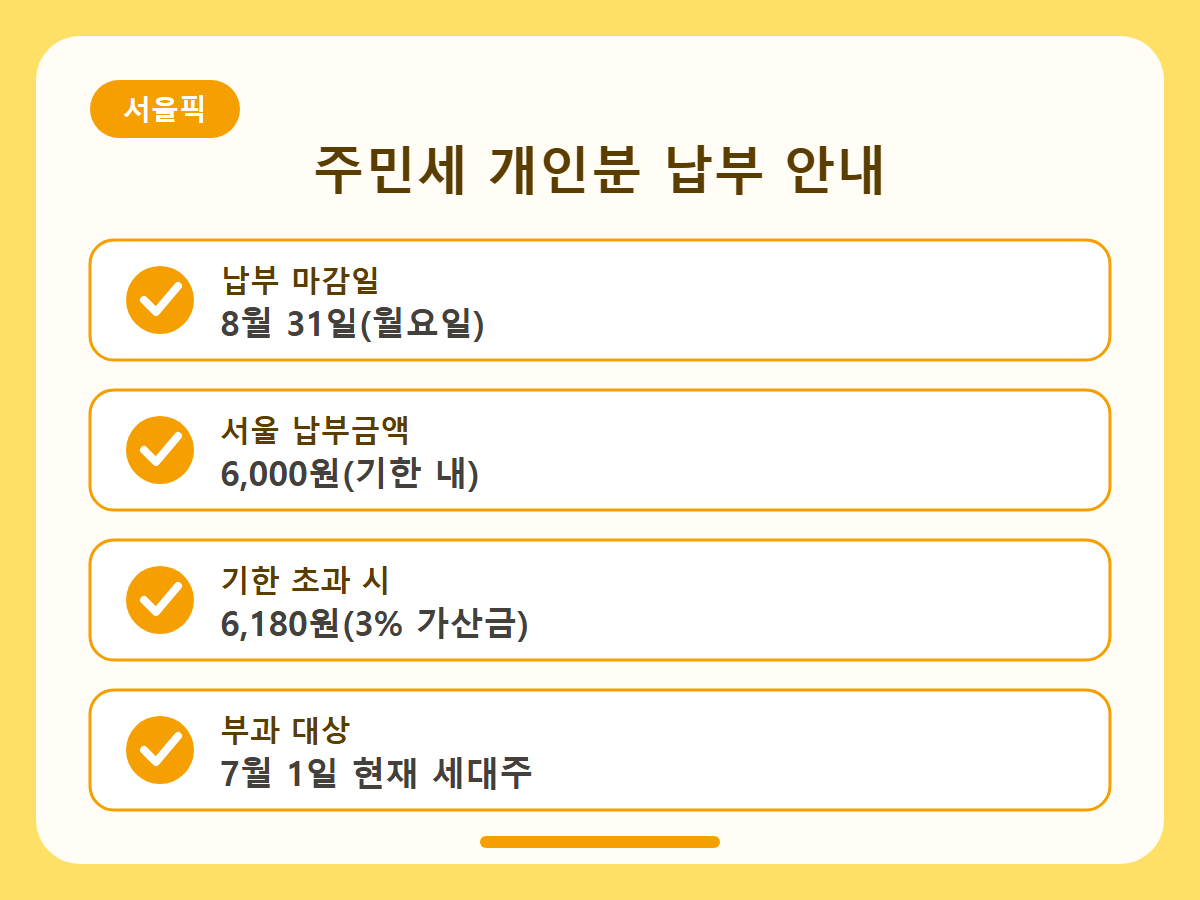 주민세 개인분 납부 마감 임박, 8월 31일까지 핵심정리 인포그래픽