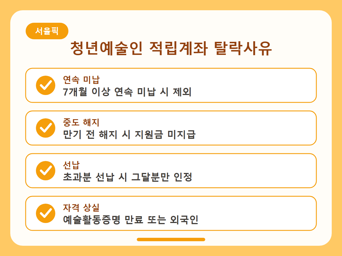 청년예술인 예술활동 적립계좌 탈락사유 정리 핵심정리 인포그래픽